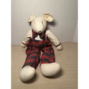 Handmade Christmas Mouse With Red And Green Plaid Overalls/Bow tie Boy Sitting